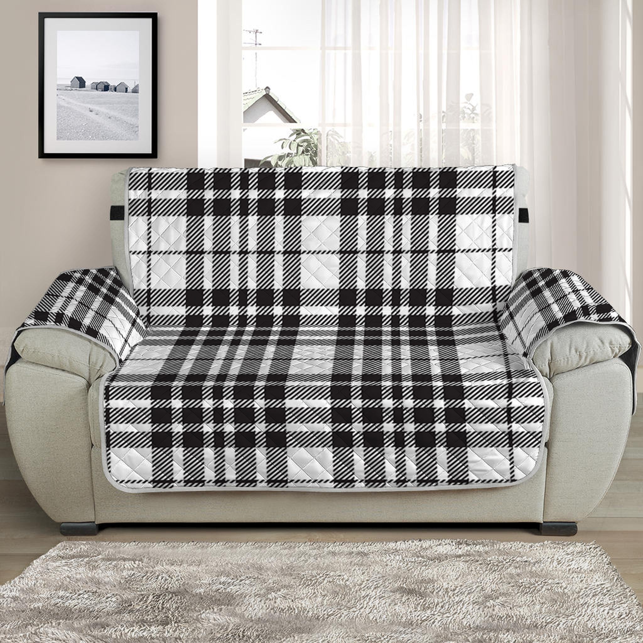 White And Black Border Tartan Print Half Sofa Protector