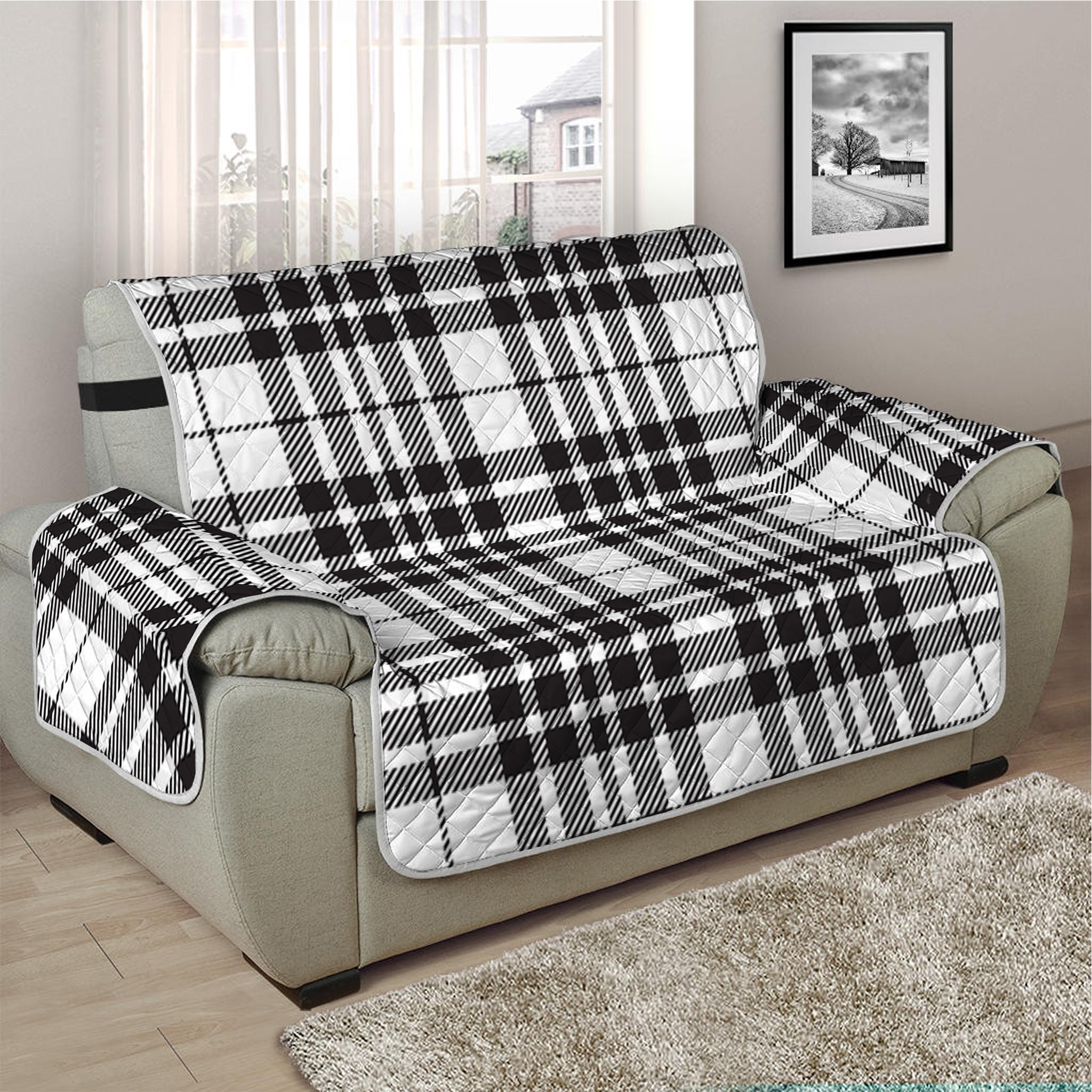 White And Black Border Tartan Print Half Sofa Protector