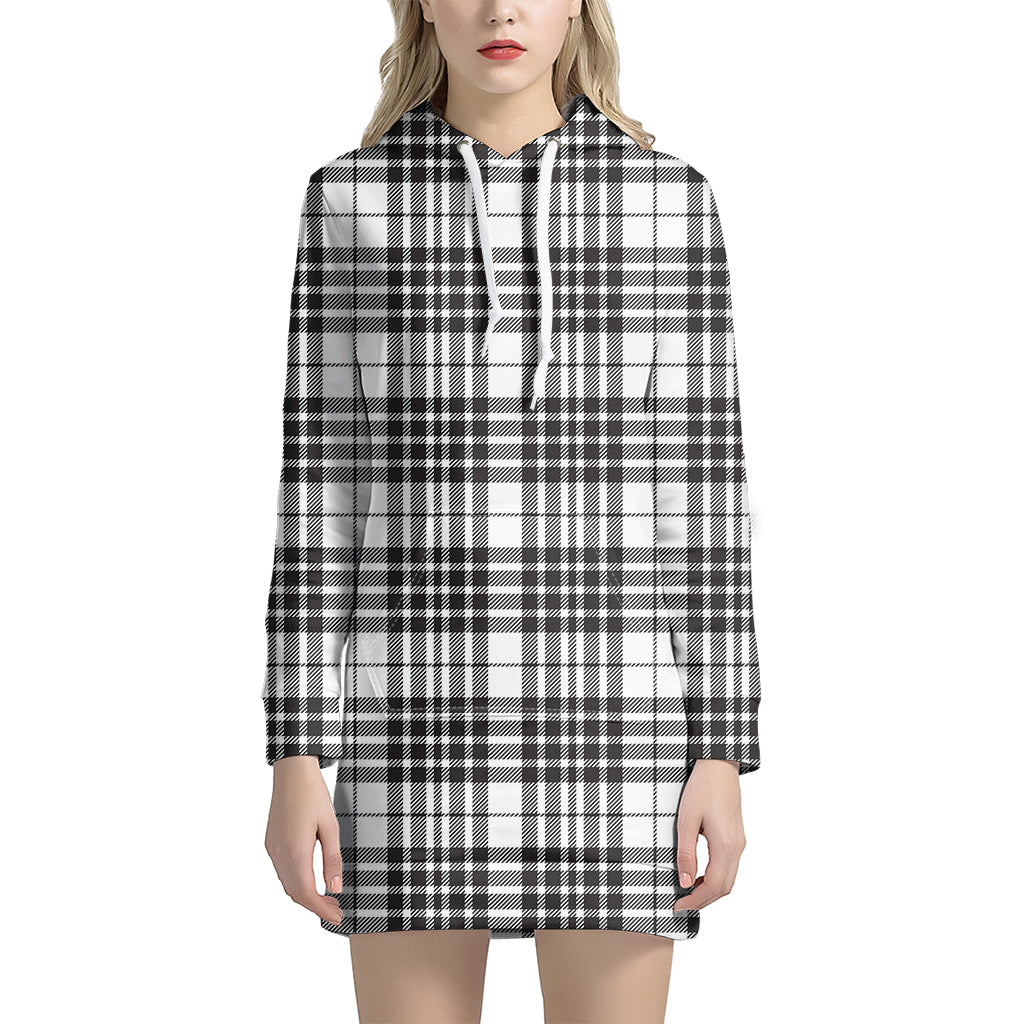 White And Black Border Tartan Print Hoodie Dress