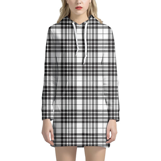 White And Black Border Tartan Print Hoodie Dress