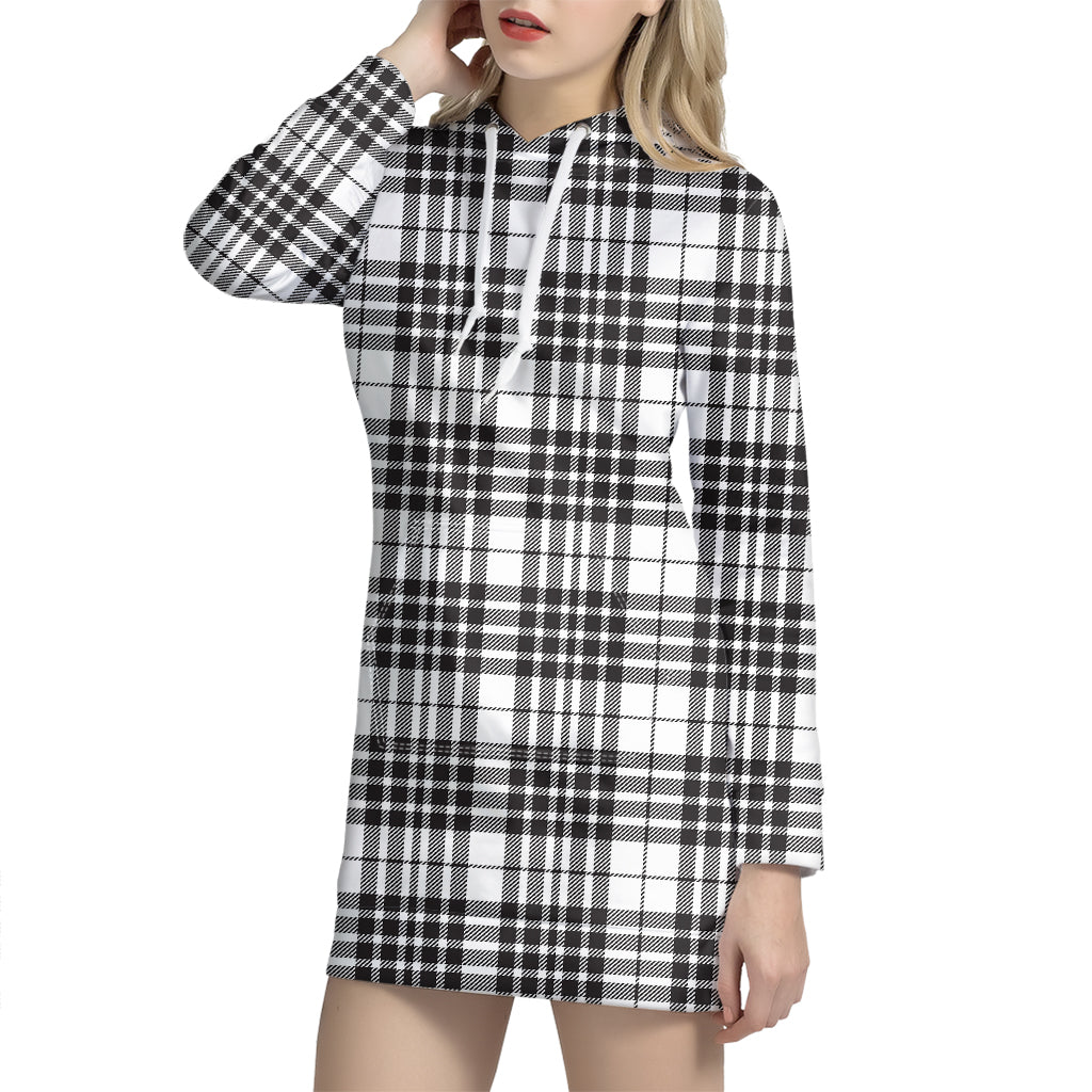 White And Black Border Tartan Print Hoodie Dress