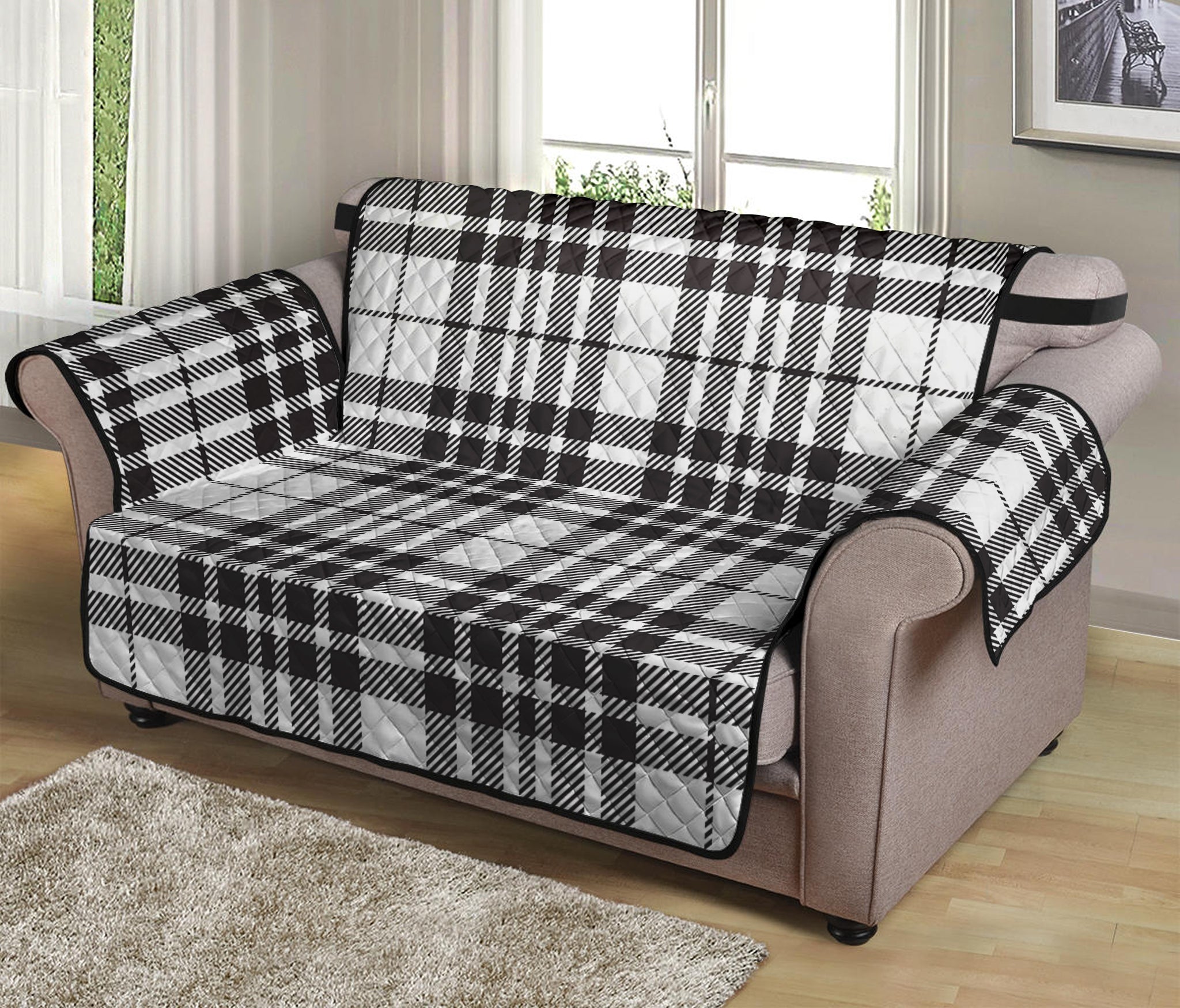 White And Black Border Tartan Print Loveseat Protector