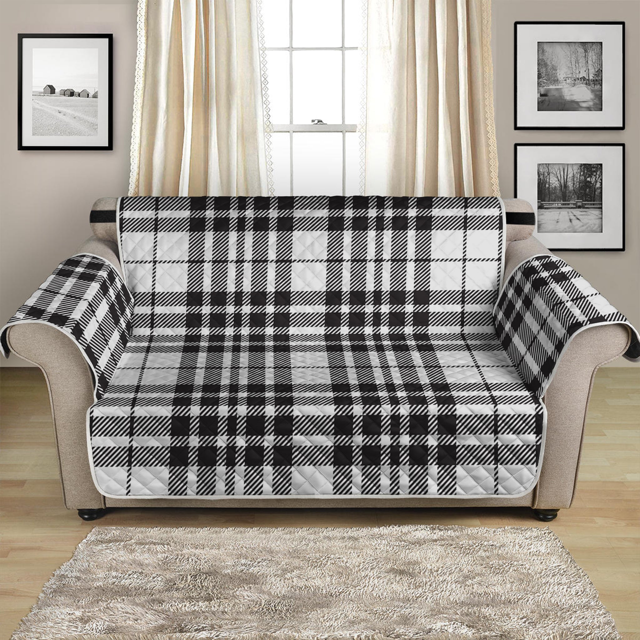 White And Black Border Tartan Print Loveseat Protector