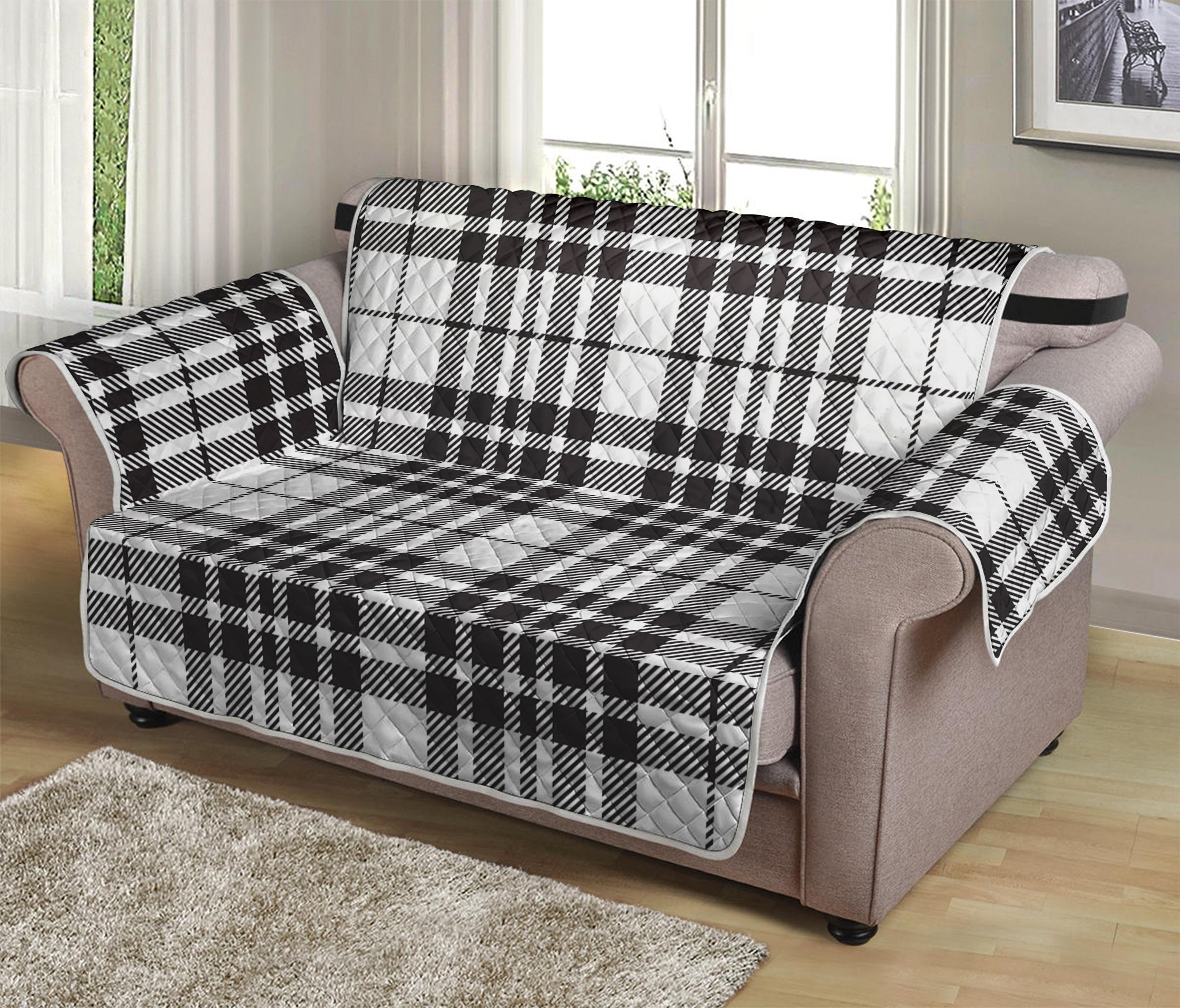 White And Black Border Tartan Print Loveseat Protector