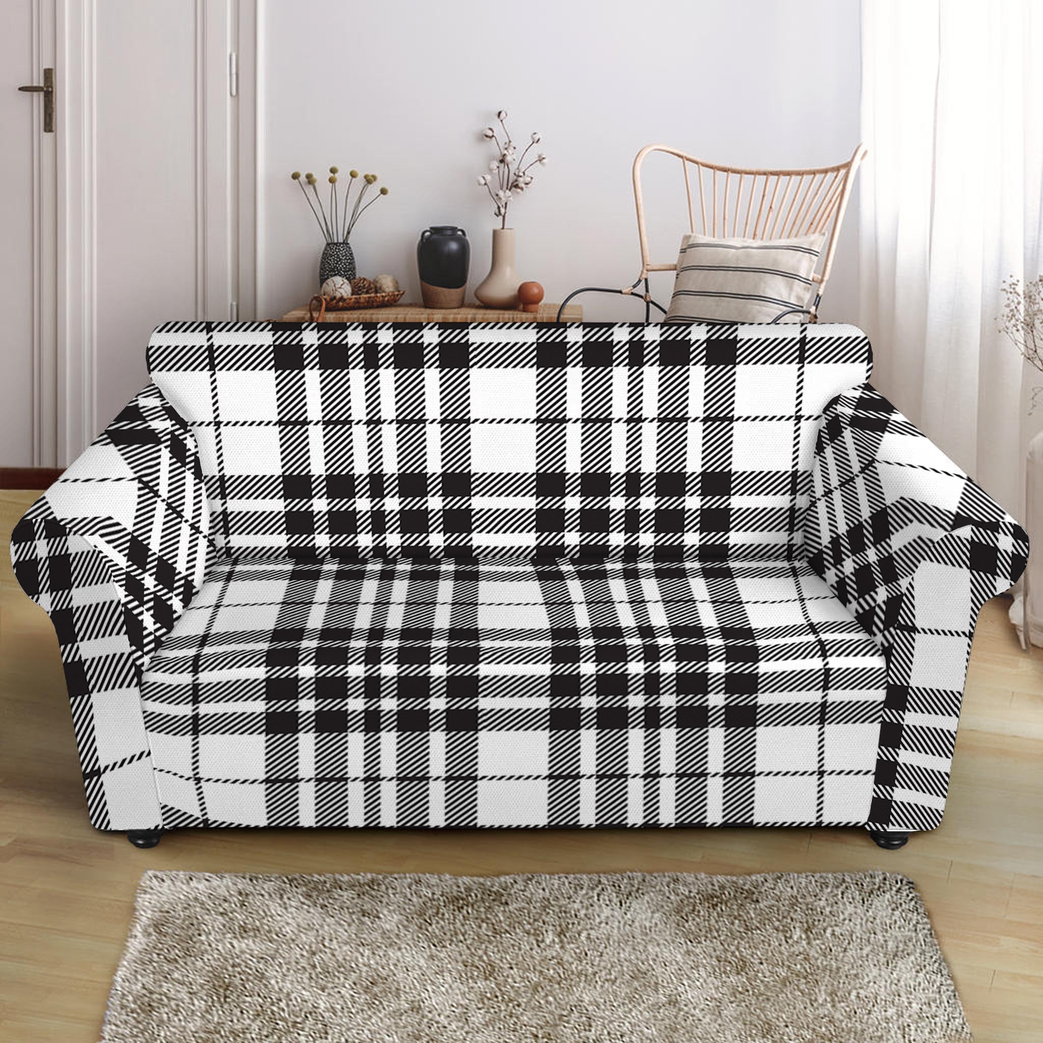 White And Black Border Tartan Print Loveseat Slipcover