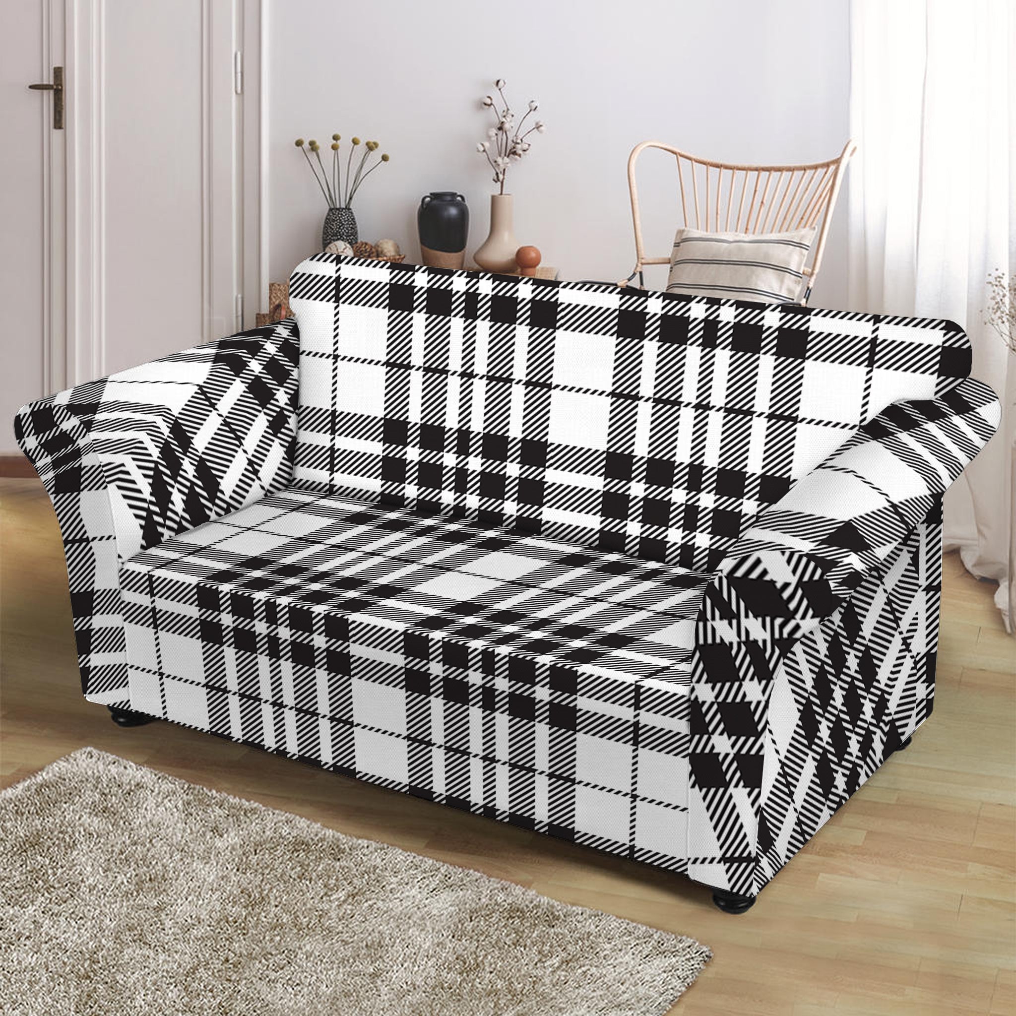 White And Black Border Tartan Print Loveseat Slipcover