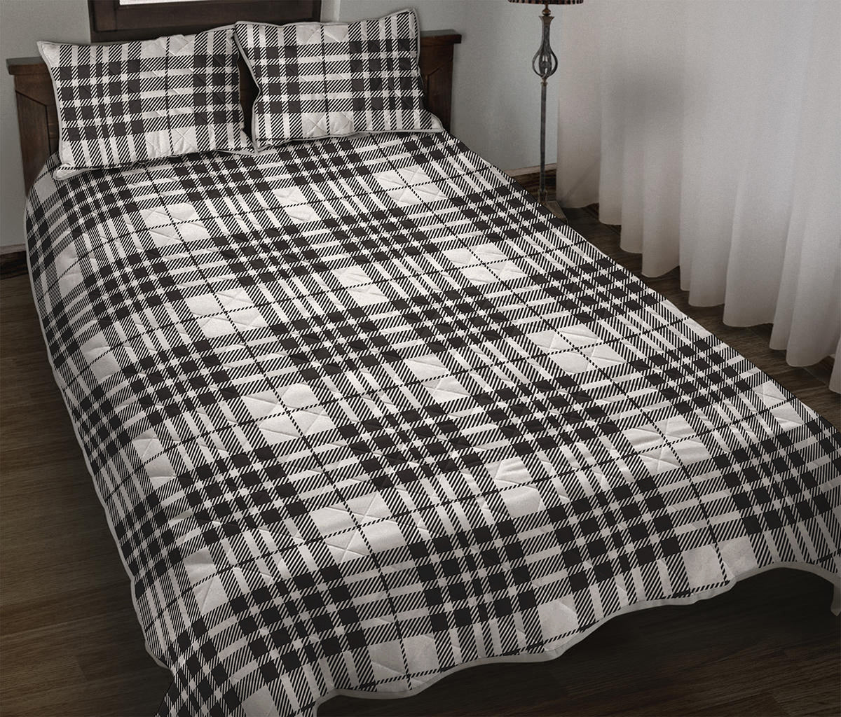 White And Black Border Tartan Print Quilt Bed Set