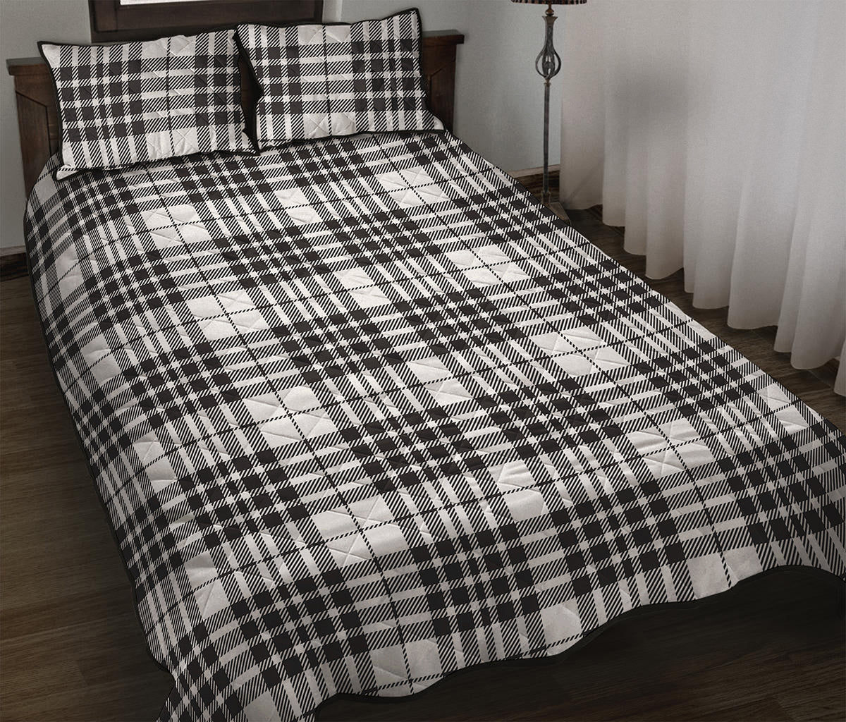 White And Black Border Tartan Print Quilt Bed Set