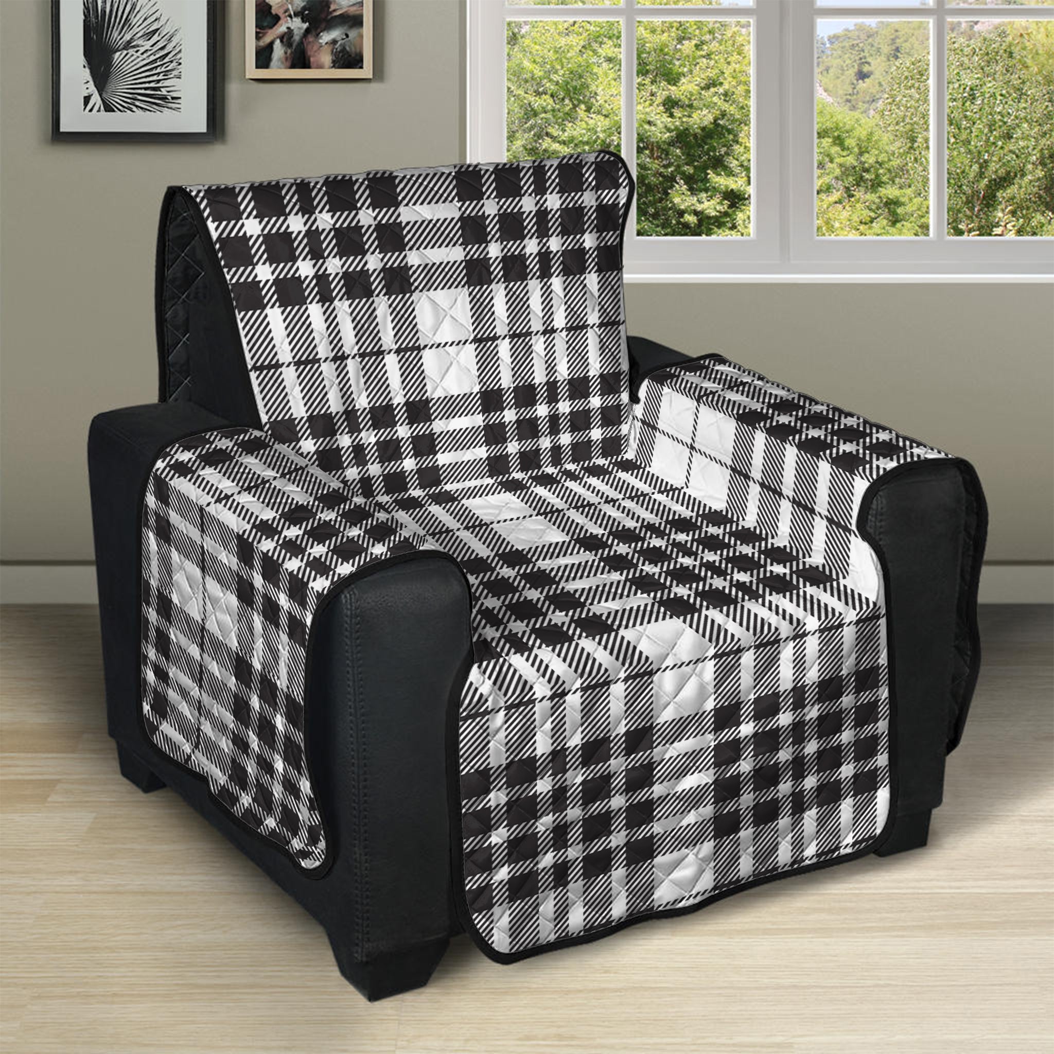 White And Black Border Tartan Print Recliner Protector