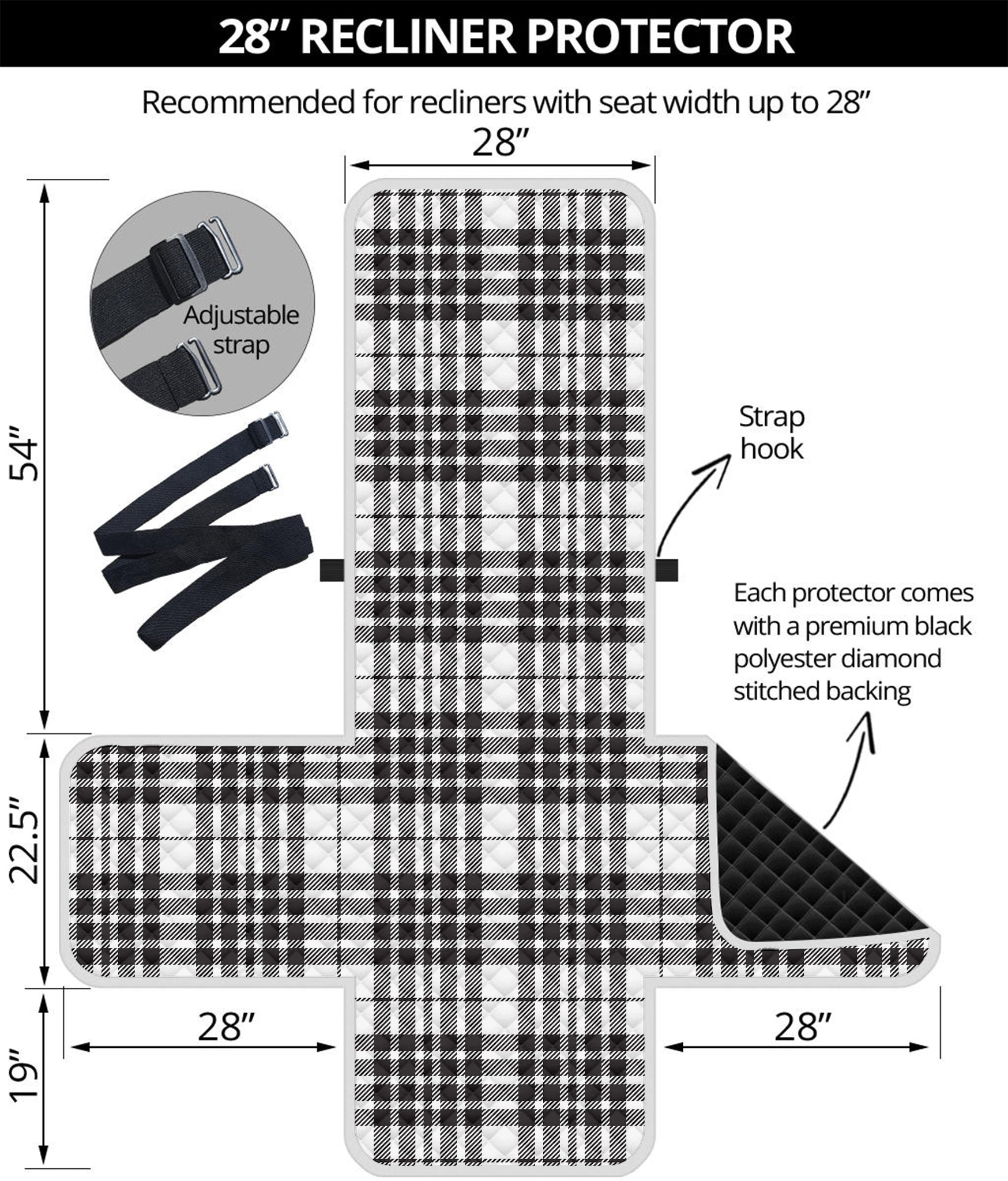 White And Black Border Tartan Print Recliner Protector