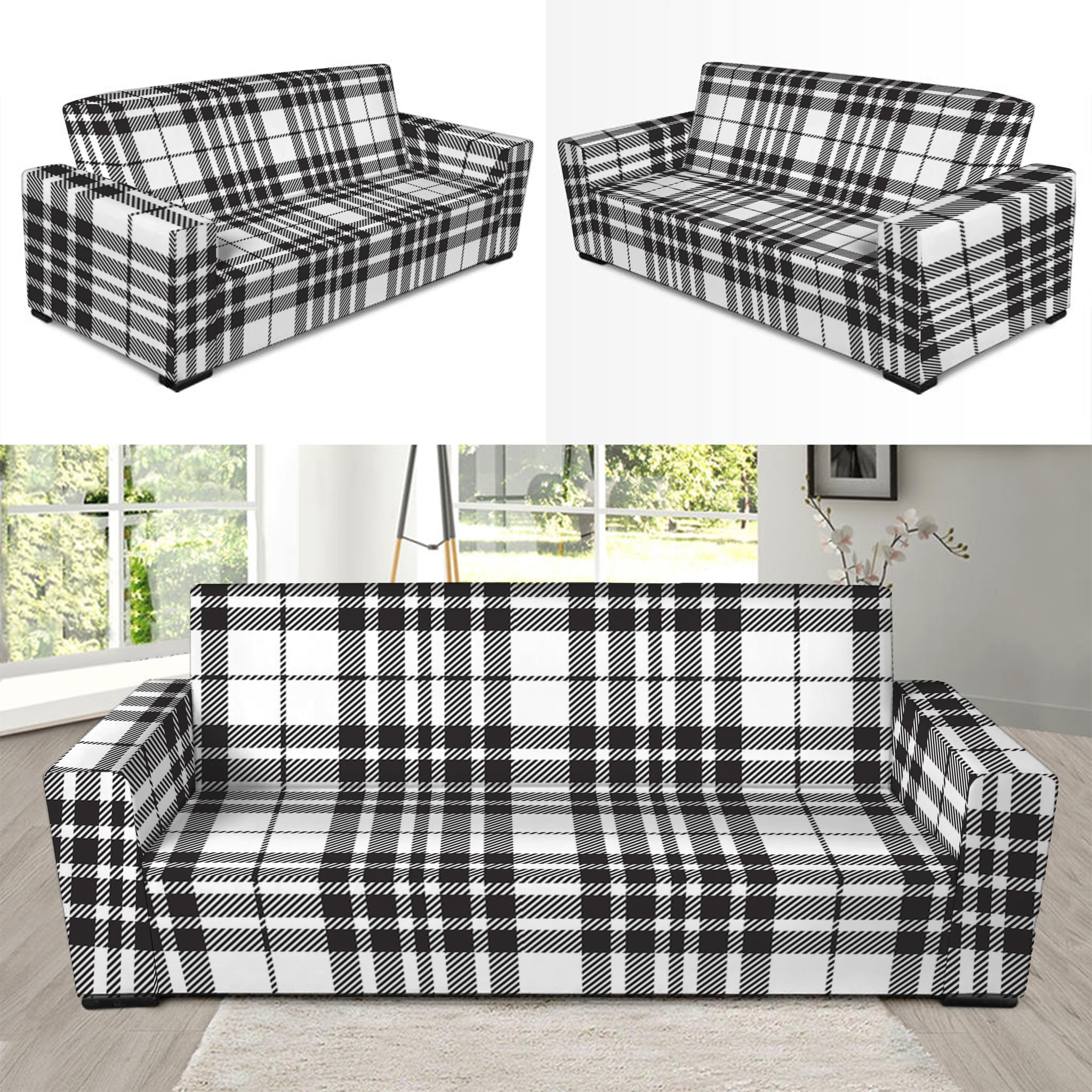 White And Black Border Tartan Print Sofa Slipcover