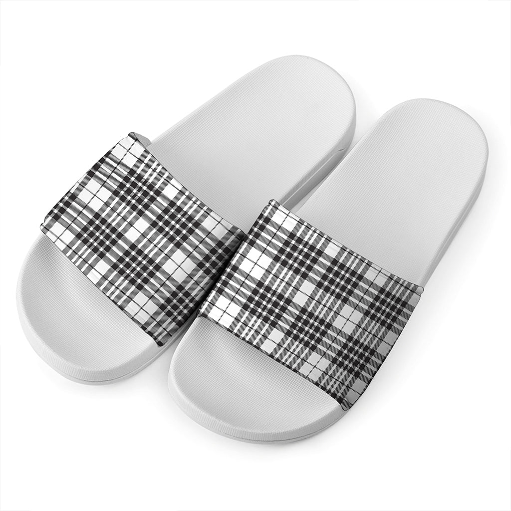 White And Black Border Tartan Print White Slide Sandals