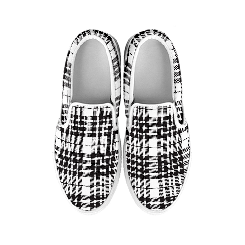White And Black Border Tartan Print White Slip On Shoes