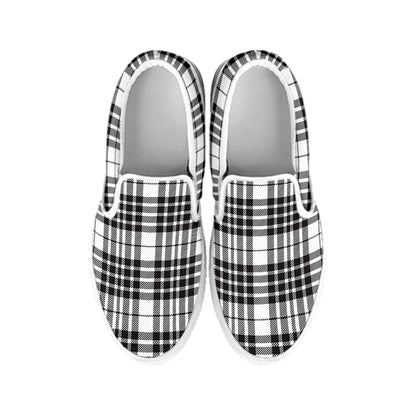 White And Black Border Tartan Print White Slip On Shoes