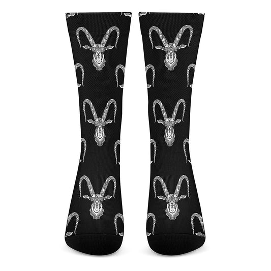 White And Black Capricorn Sign Print Crew Socks