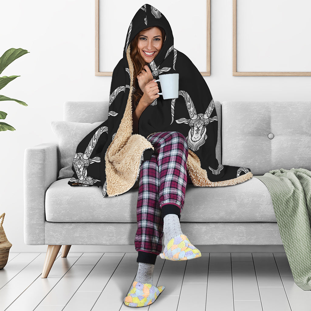 White And Black Capricorn Sign Print Hooded Blanket