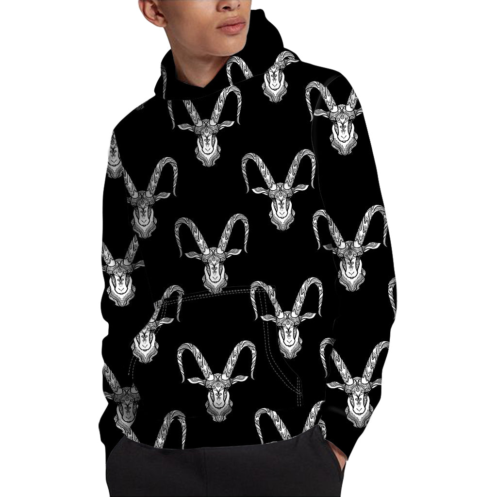 White And Black Capricorn Sign Print Pullover Hoodie