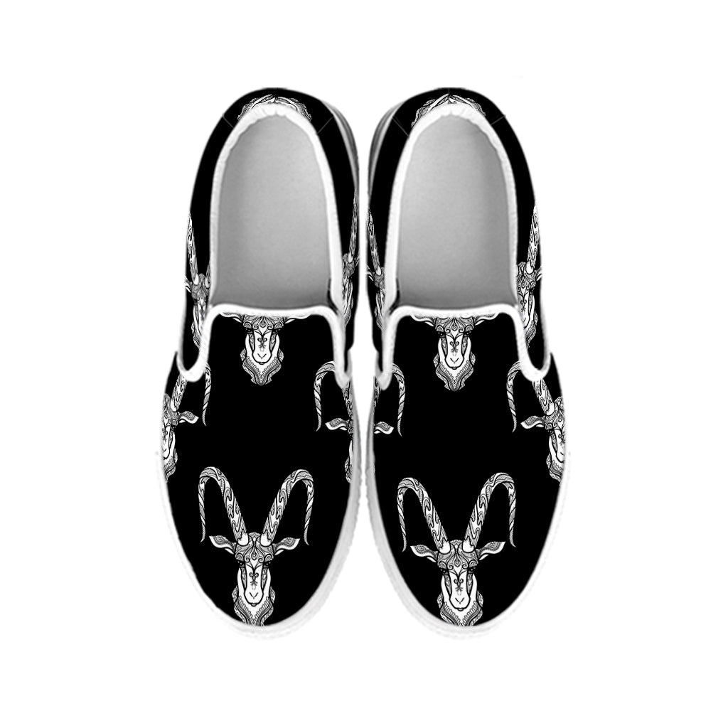 White And Black Capricorn Sign Print White Slip On Shoes
