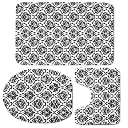 White And Black Damask Pattern Print 3 Piece Bath Mat Set