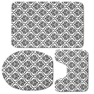 White And Black Damask Pattern Print 3 Piece Bath Mat Set