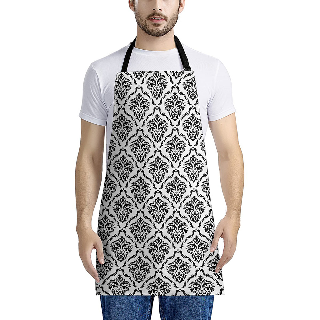 White And Black Damask Pattern Print Apron