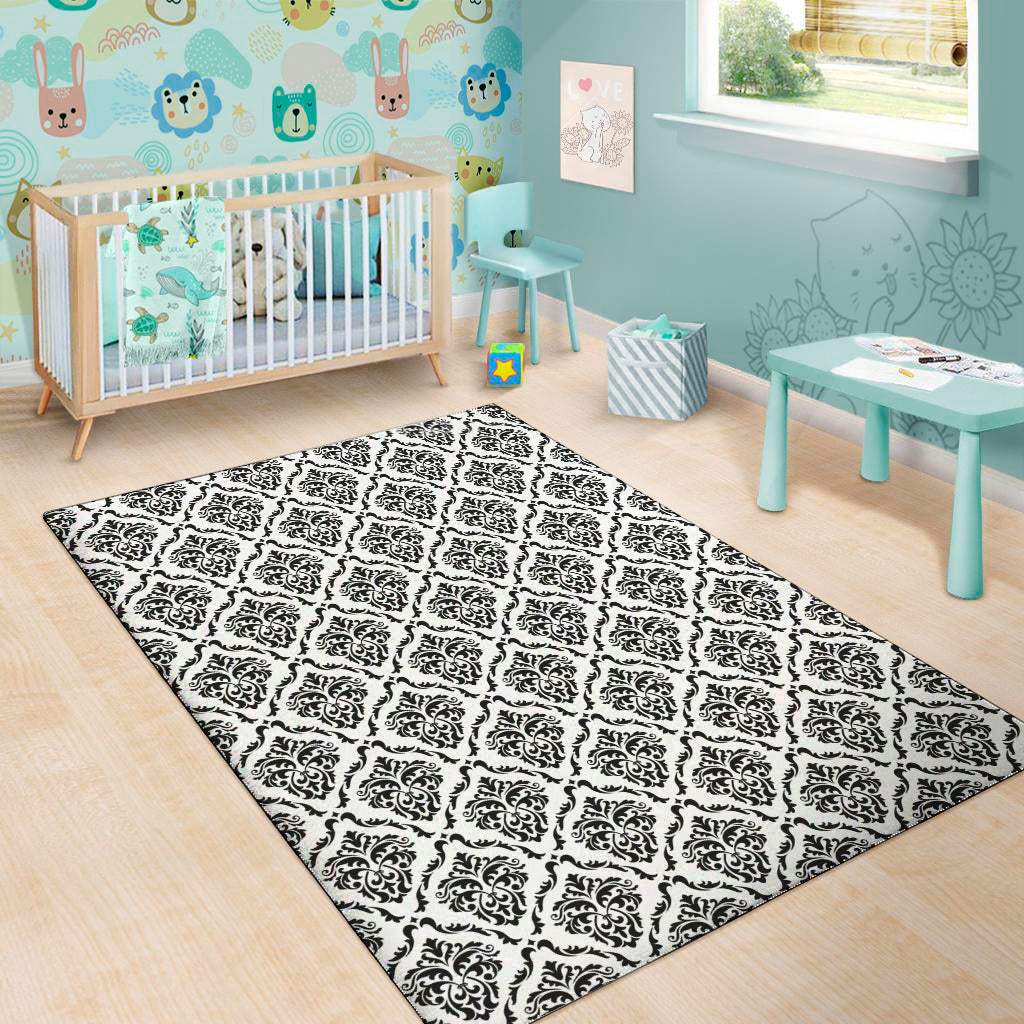 White And Black Damask Pattern Print Area Rug