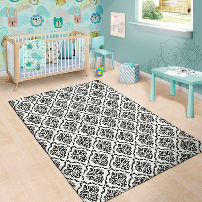 White And Black Damask Pattern Print Area Rug