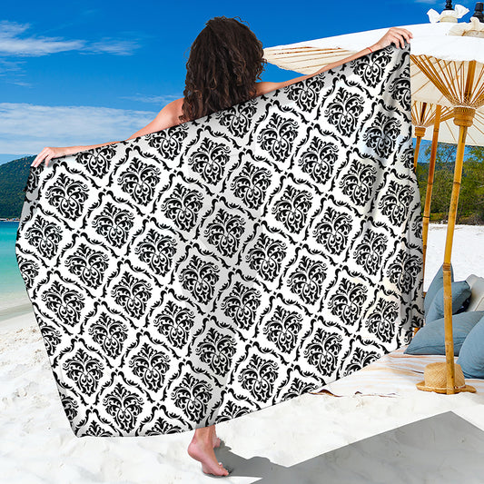 White And Black Damask Pattern Print Beach Sarong Wrap