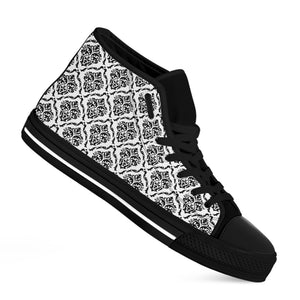 White And Black Damask Pattern Print Black High Top Shoes