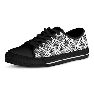 White And Black Damask Pattern Print Black Low Top Shoes
