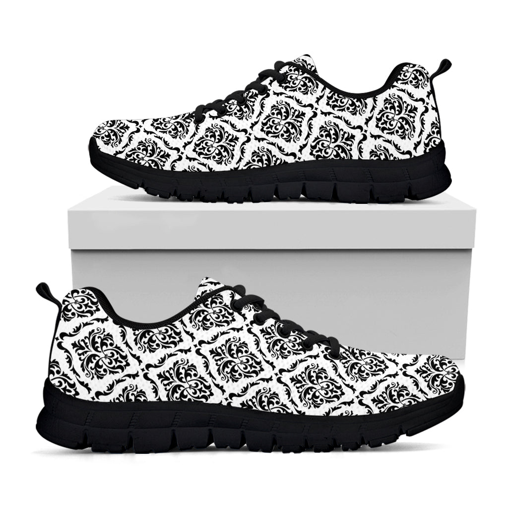 White And Black Damask Pattern Print Black Sneakers