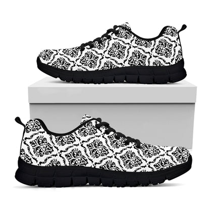White And Black Damask Pattern Print Black Sneakers