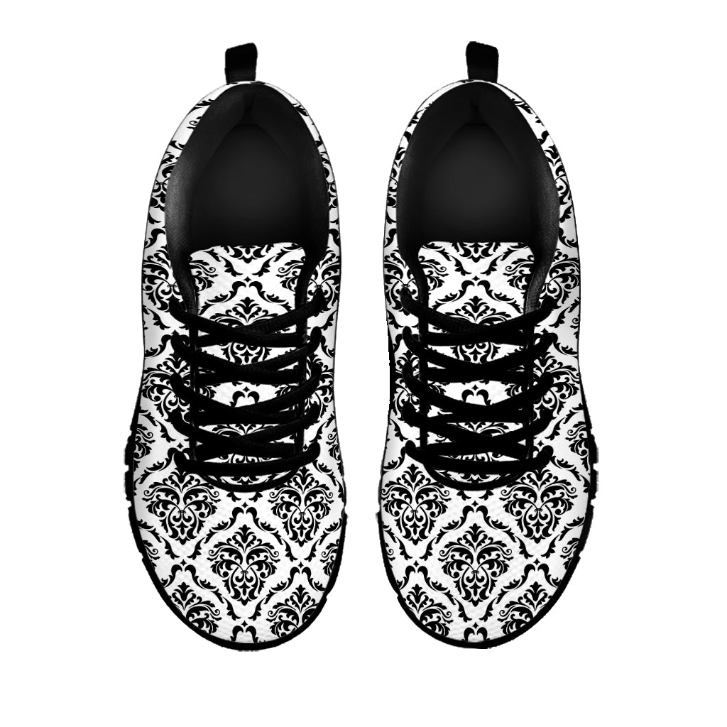 White And Black Damask Pattern Print Black Sneakers