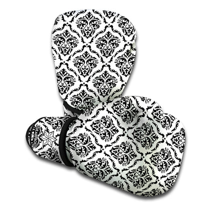 White And Black Damask Pattern Print Boxing Gloves