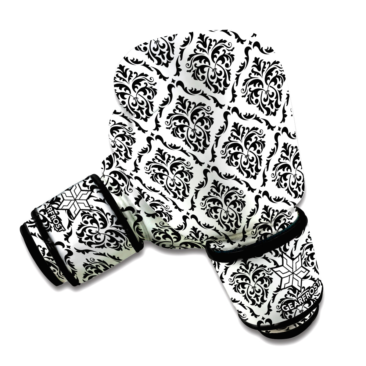 White And Black Damask Pattern Print Boxing Gloves
