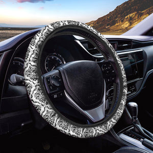White And Black Damask Pattern Print Car Steering Wheel Cover