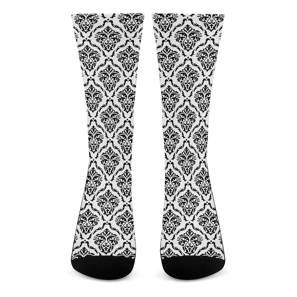 White And Black Damask Pattern Print Crew Socks