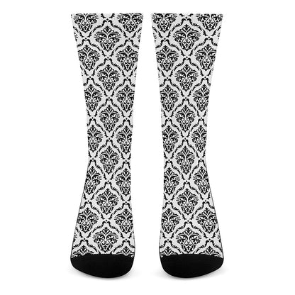 White And Black Damask Pattern Print Crew Socks