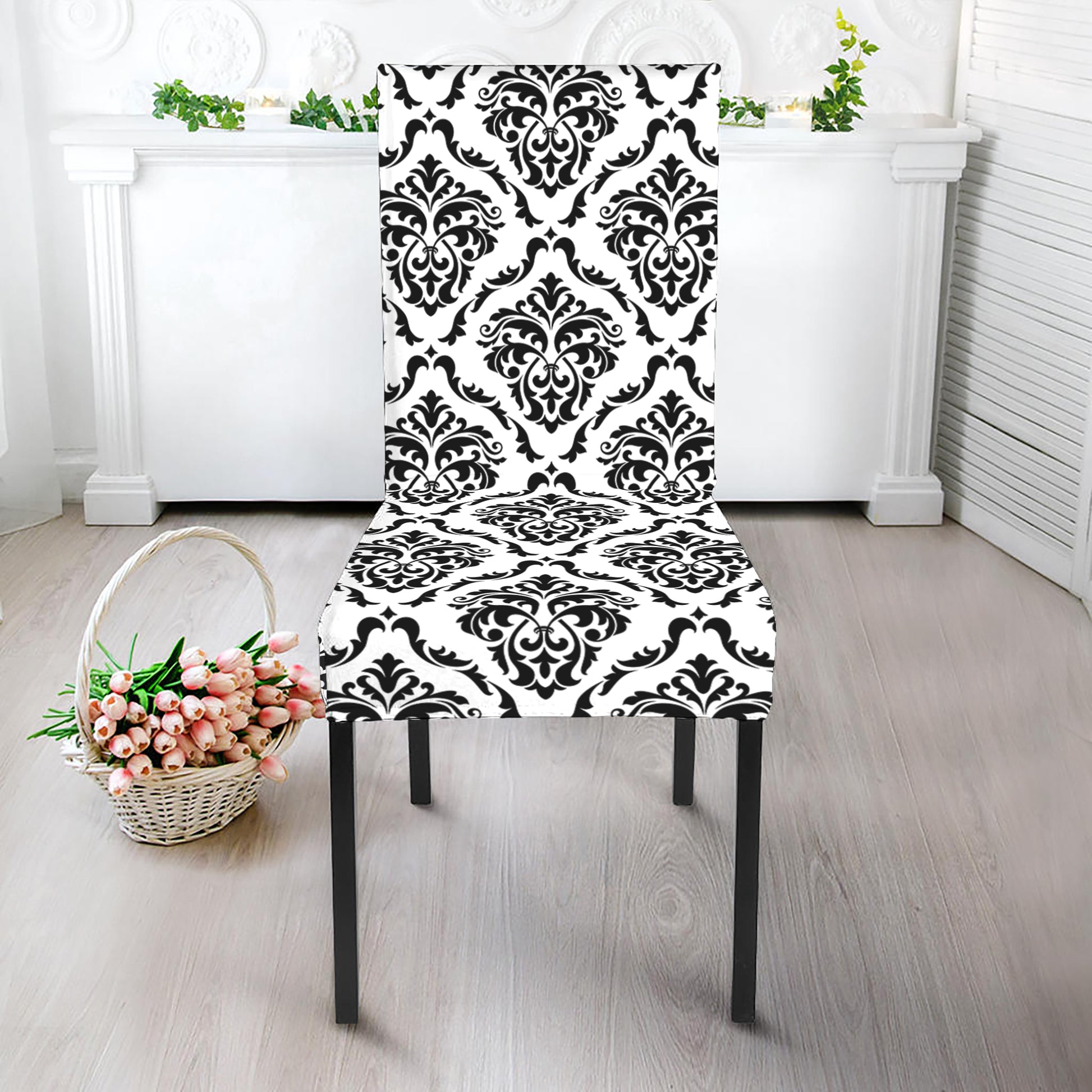 White And Black Damask Pattern Print Dining Chair Slipcover