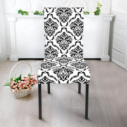 White And Black Damask Pattern Print Dining Chair Slipcover