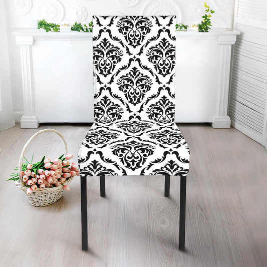 White And Black Damask Pattern Print Dining Chair Slipcover