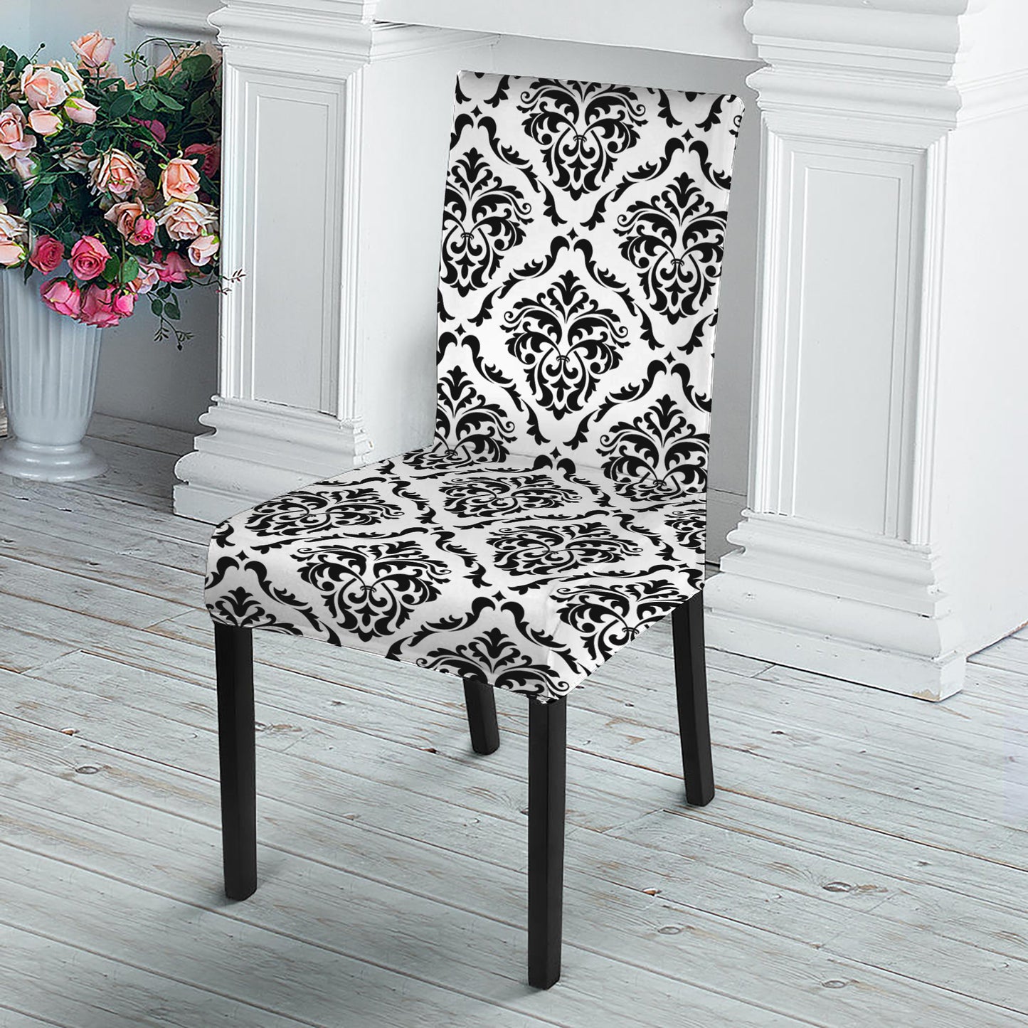 White And Black Damask Pattern Print Dining Chair Slipcover