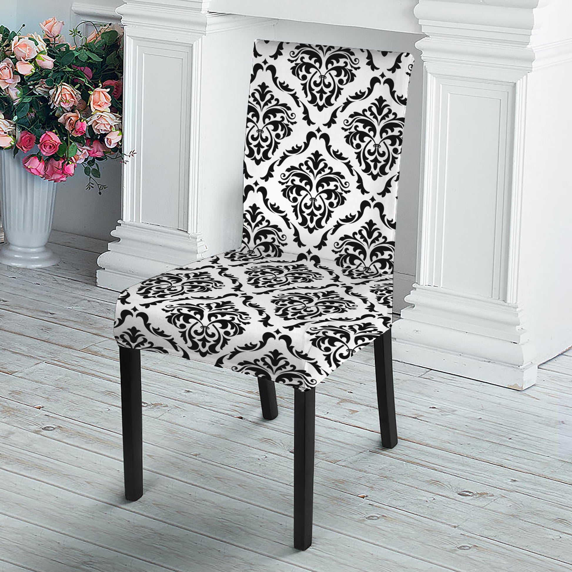 White And Black Damask Pattern Print Dining Chair Slipcover