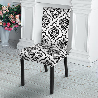 White And Black Damask Pattern Print Dining Chair Slipcover
