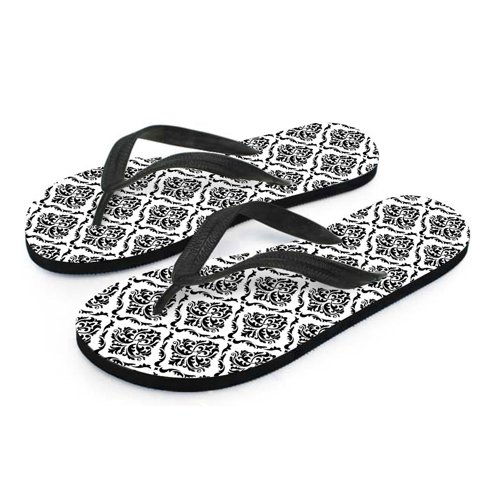 White And Black Damask Pattern Print Flip Flops