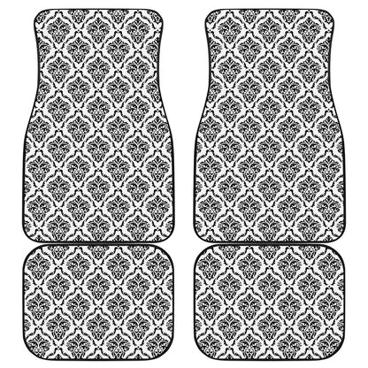 White And Black Damask Pattern Print Front and Back Car Floor Mats