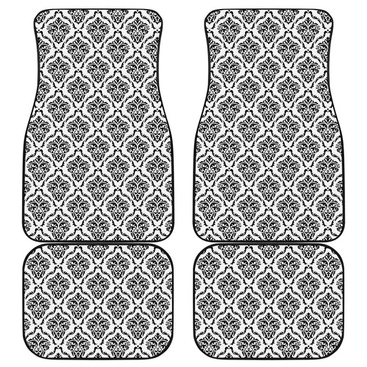White And Black Damask Pattern Print Front and Back Car Floor Mats