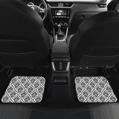 White And Black Damask Pattern Print Front and Back Car Floor Mats