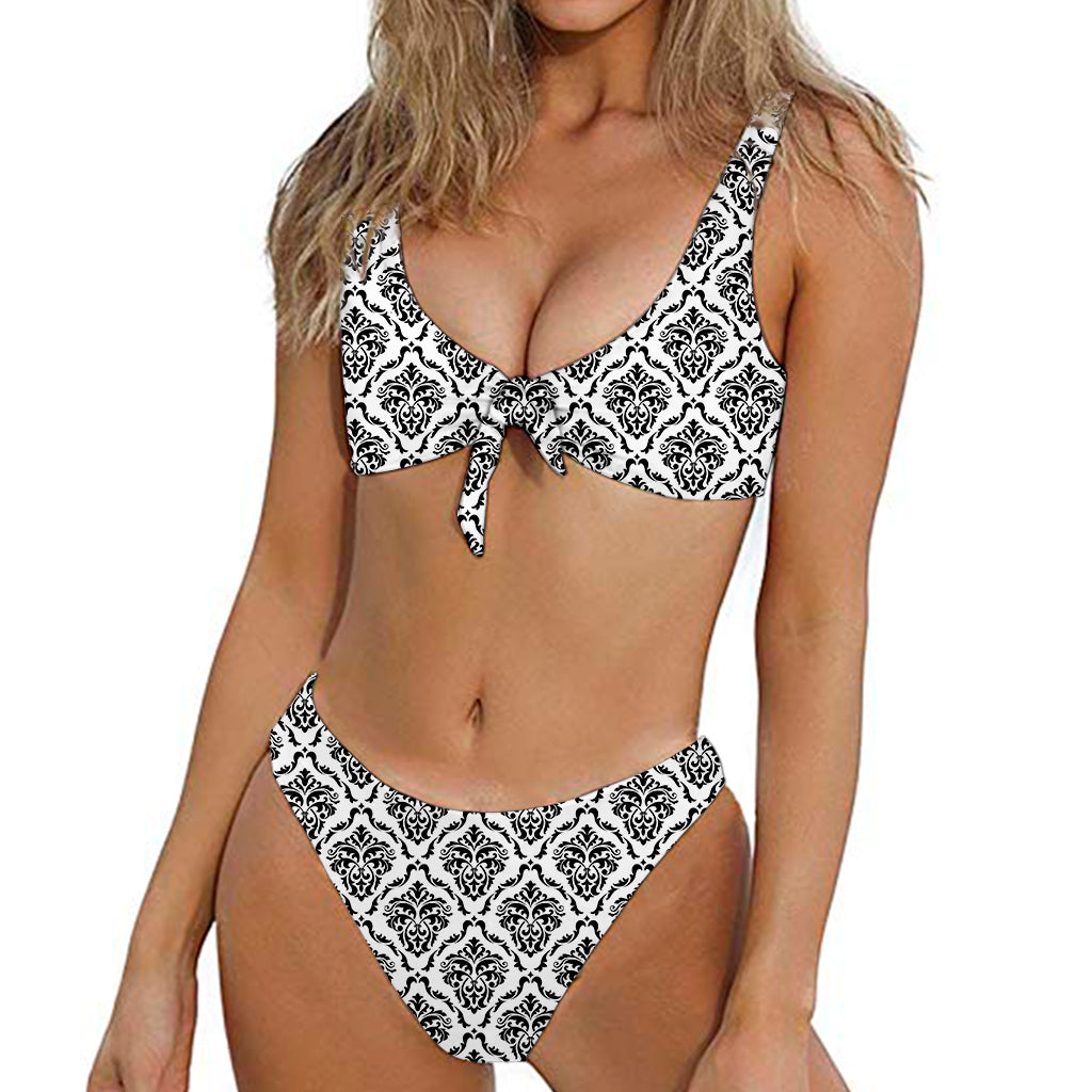 White And Black Damask Pattern Print Front Bow Tie Bikini