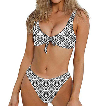 White And Black Damask Pattern Print Front Bow Tie Bikini
